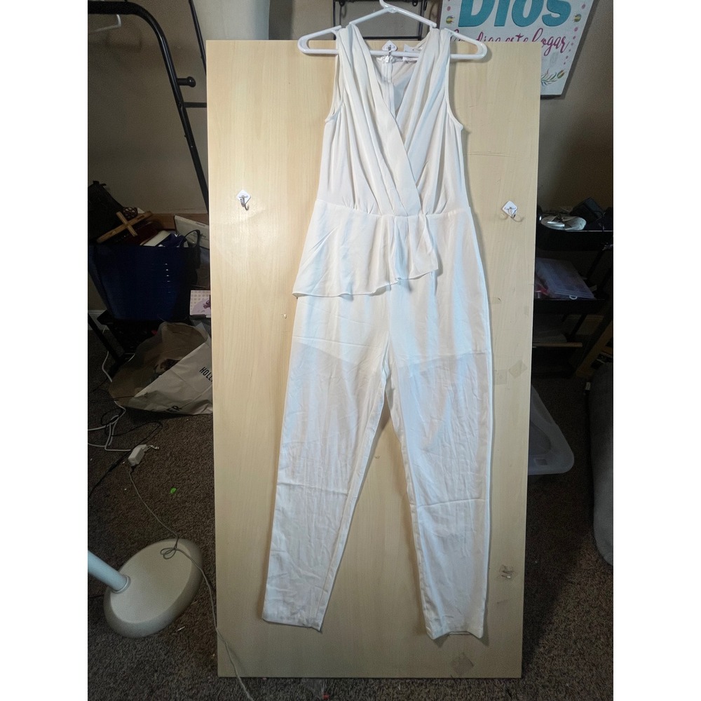 Naked Zebra White Jumpsuit Sleeveless V-Neck Ruffle Peplum Casual Dressy Small